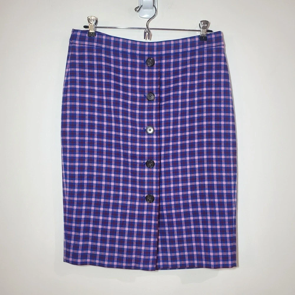 J. Crew Button-front Pencil in Mott Plaid Royal Petunia Check Skirt Size 6‎
